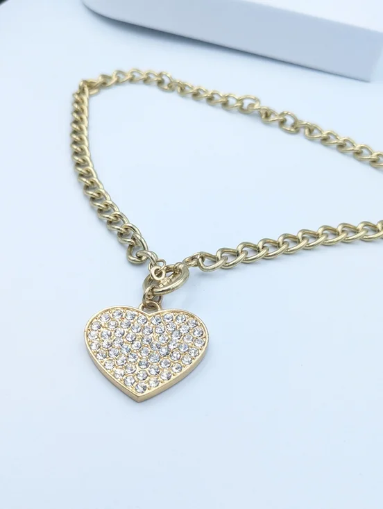 4/24$  Gold tone heart rhinestone chain necklace - Picture 4 of 5